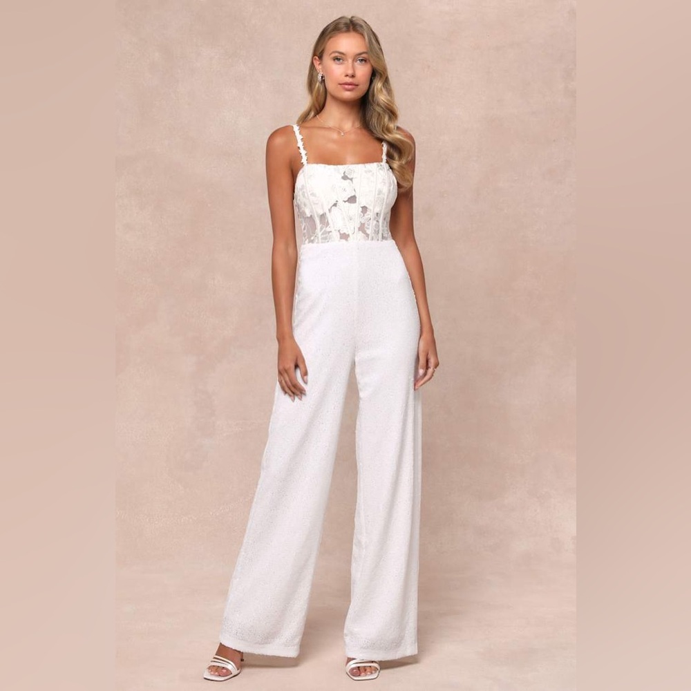 NWT Lulus Elegant White Sequin Lace Jumpsuit. size large
